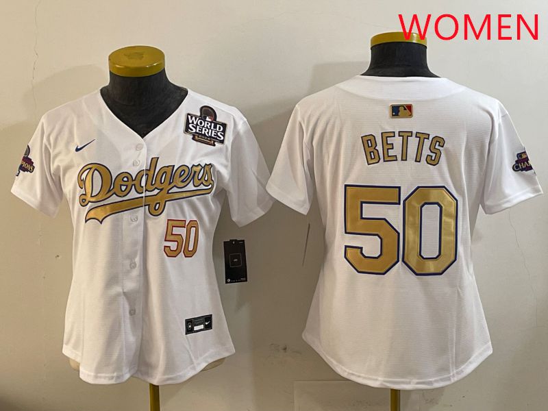 Women Los Angeles Dodgers #50 Betts White Champion gold character 2025 Nike MLB Jersey style 4092